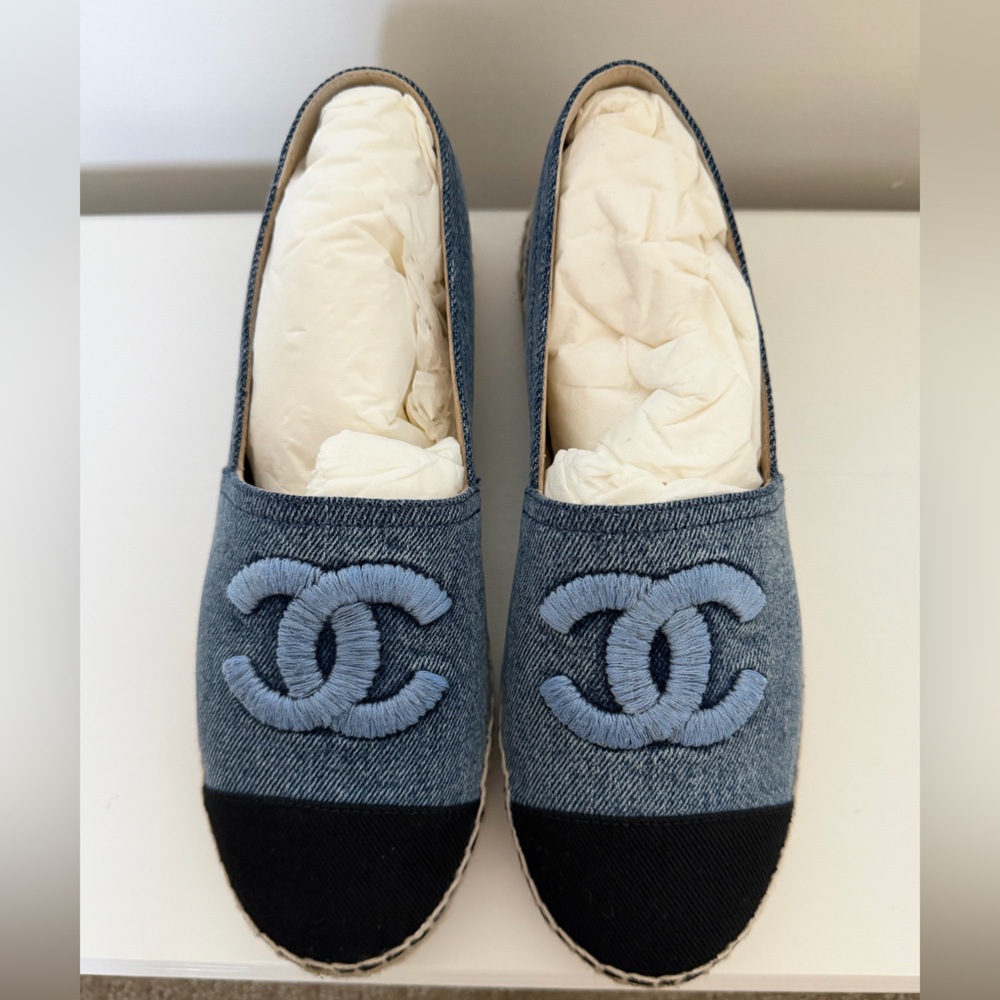 Chanel Blue Denim and Black Espadrilles Size 37